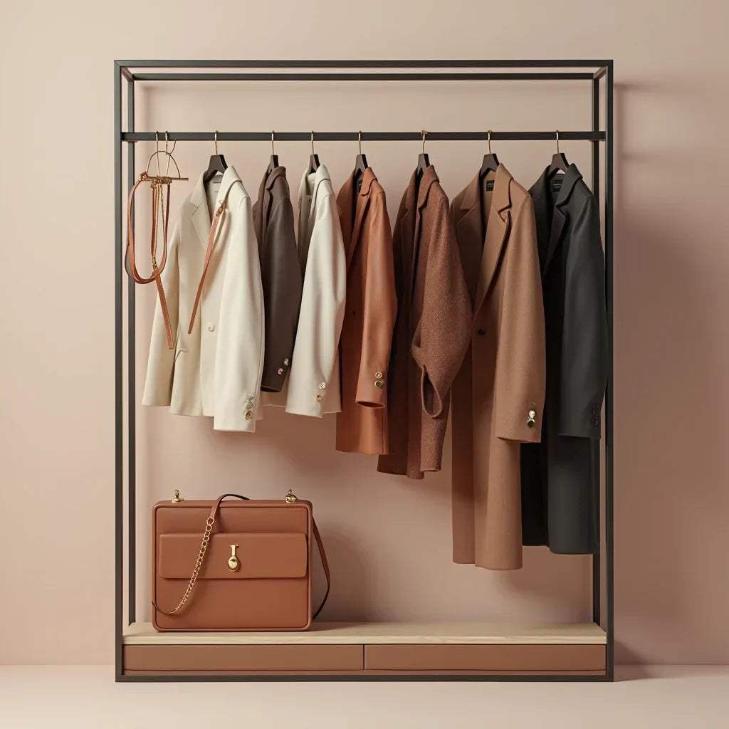 Luxury women's accessories showcasing fine leather, precious metals, and gemstones arranged elegantly