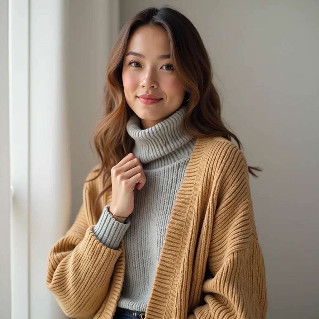 Cardigan layered over dress showing stylish sweaters and cardigans for versatile seasonal wear