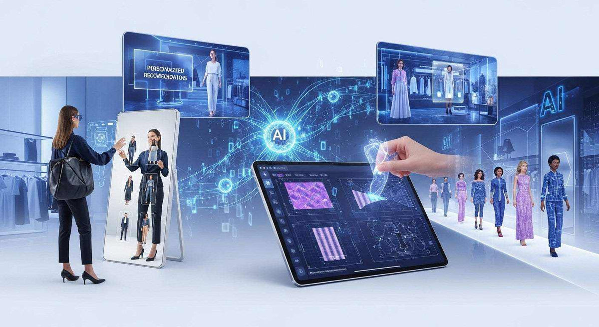 AI-driven fashion design and virtual fitting room interface showcasing the intersection of fashion and AI technology