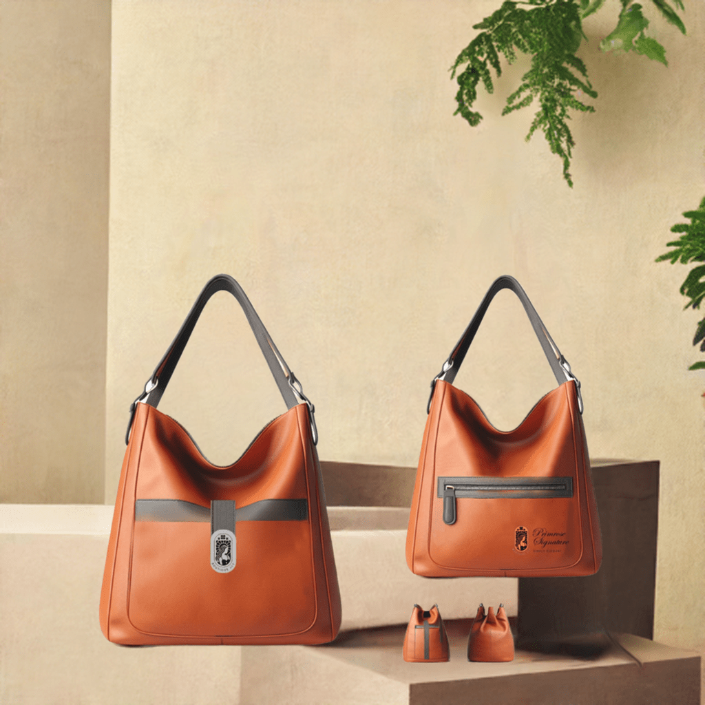 Primrose Vegan Leather asymmetrical tote handbag with pebbled vegan leather and rose gold hardware